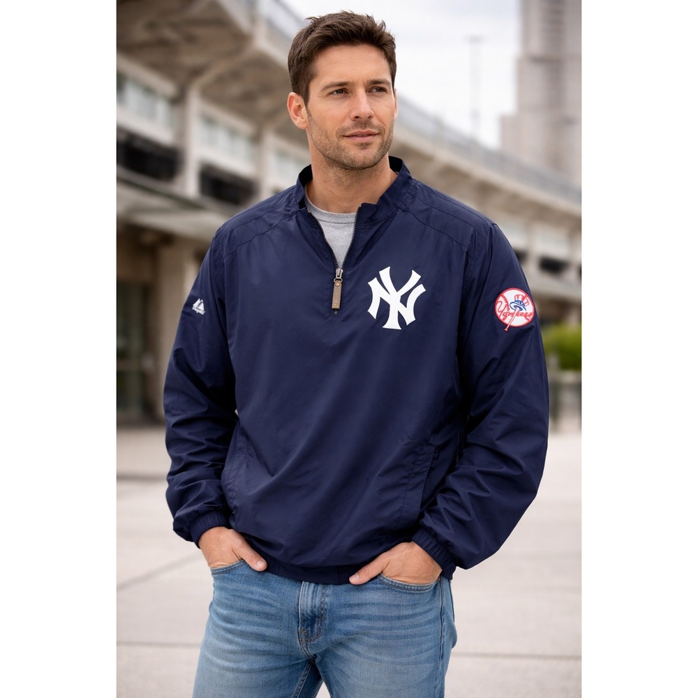 Majestic New York Yankees MLB Windbreaker Navy Blue Quarter Zip Mens M Pullover